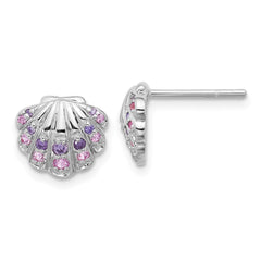 QE17793 Sterling Silver Rh-plated Polished CZ Shell Post Earrings