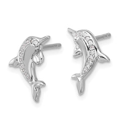 QE17795 Sterling Silver Rhodium-plated Polished CZ Dolphin Post Earrings