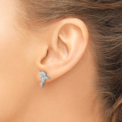 QE17795 Sterling Silver Rhodium-plated Polished CZ Dolphin Post Earrings
