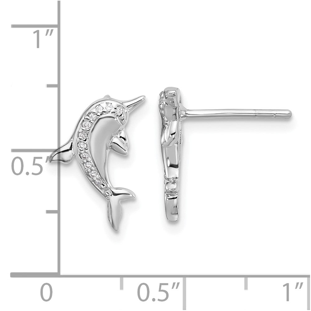 QE17795 Sterling Silver Rhodium-plated Polished CZ Dolphin Post Earrings