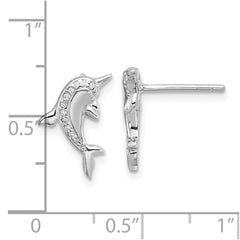 QE17795 Sterling Silver Rhodium-plated Polished CZ Dolphin Post Earrings