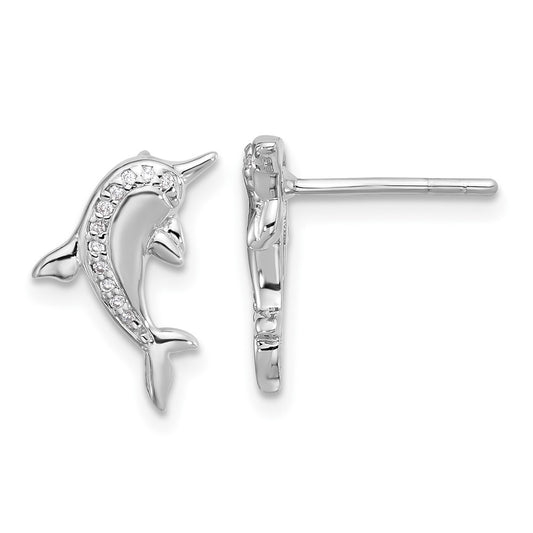 QE17795 Sterling Silver Rhodium-plated Polished CZ Dolphin Post Earrings