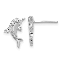 QE17795 Sterling Silver Rhodium-plated Polished CZ Dolphin Post Earrings