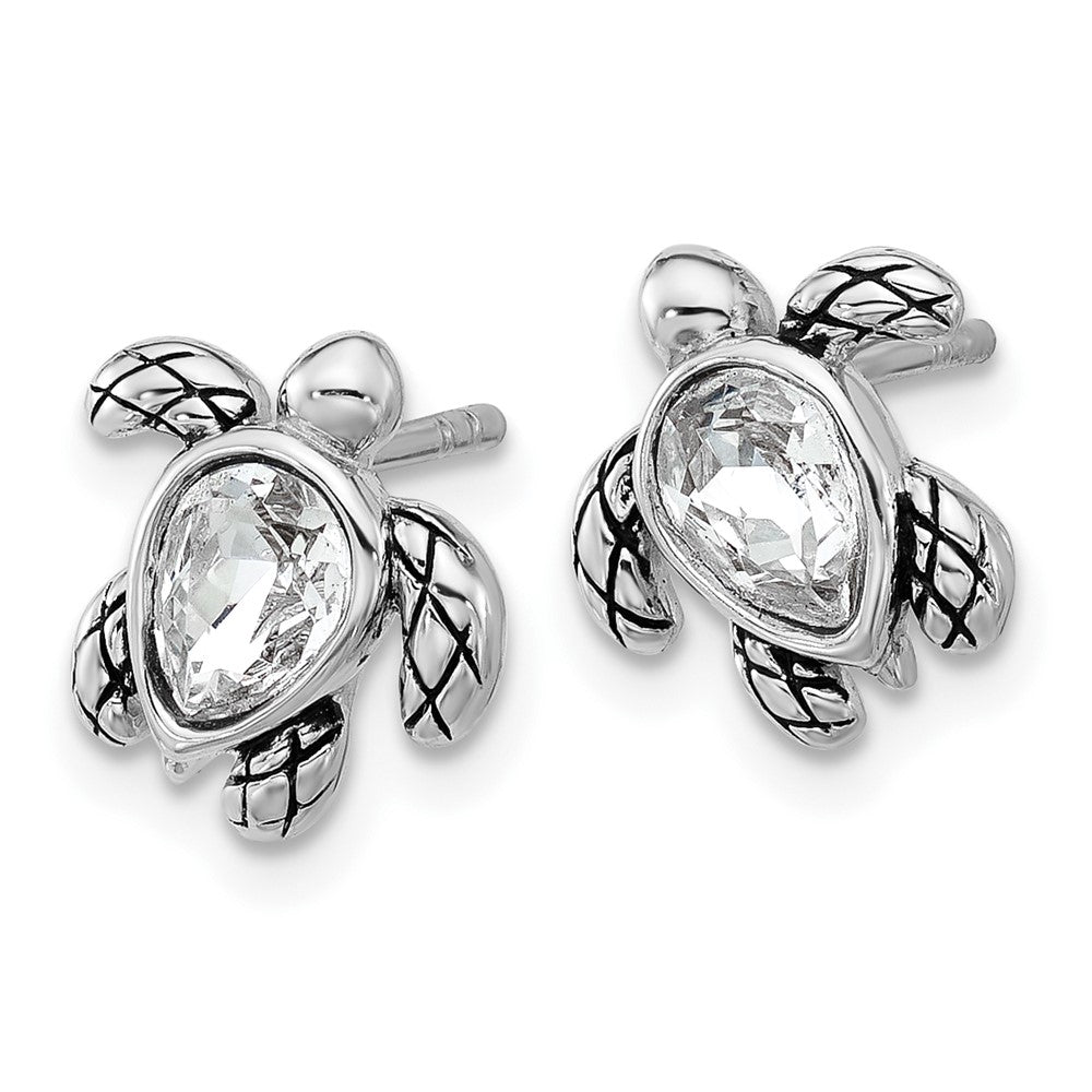 QE17796APR Sterling Silver Rhodium-plated Polished and Antiqued White Crystal April Birthstone Turtle Earrings