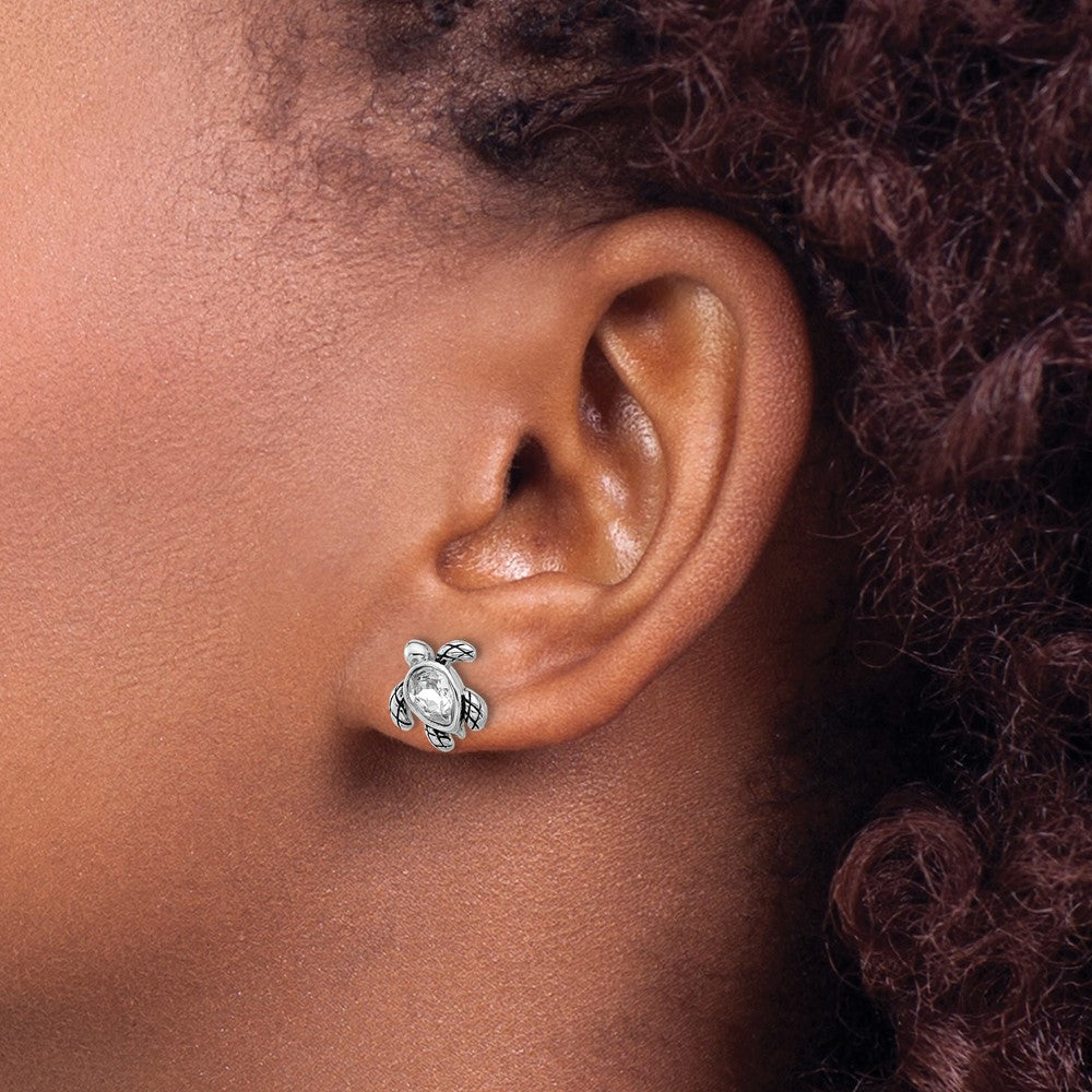 QE17796APR Sterling Silver Rhodium-plated Polished and Antiqued White Crystal April Birthstone Turtle Earrings