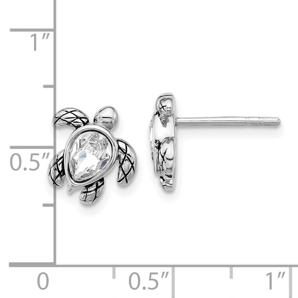 QE17796APR Sterling Silver Rhodium-plated Polished and Antiqued White Crystal April Birthstone Turtle Earrings