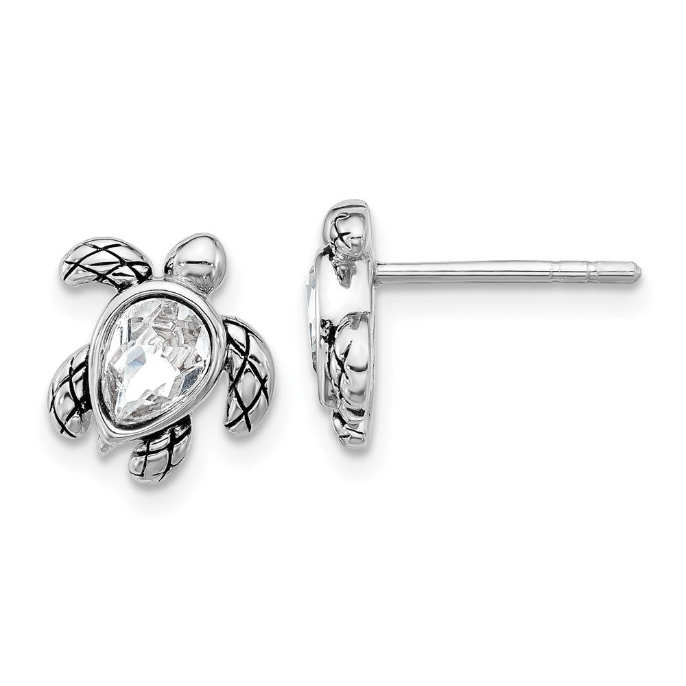QE17796APR Sterling Silver Rhodium-plated Polished and Antiqued White Crystal April Birthstone Turtle Earrings
