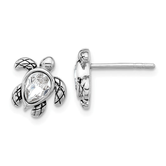 QE17796APR Sterling Silver Rhodium-plated Polished and Antiqued White Crystal April Birthstone Turtle Earrings