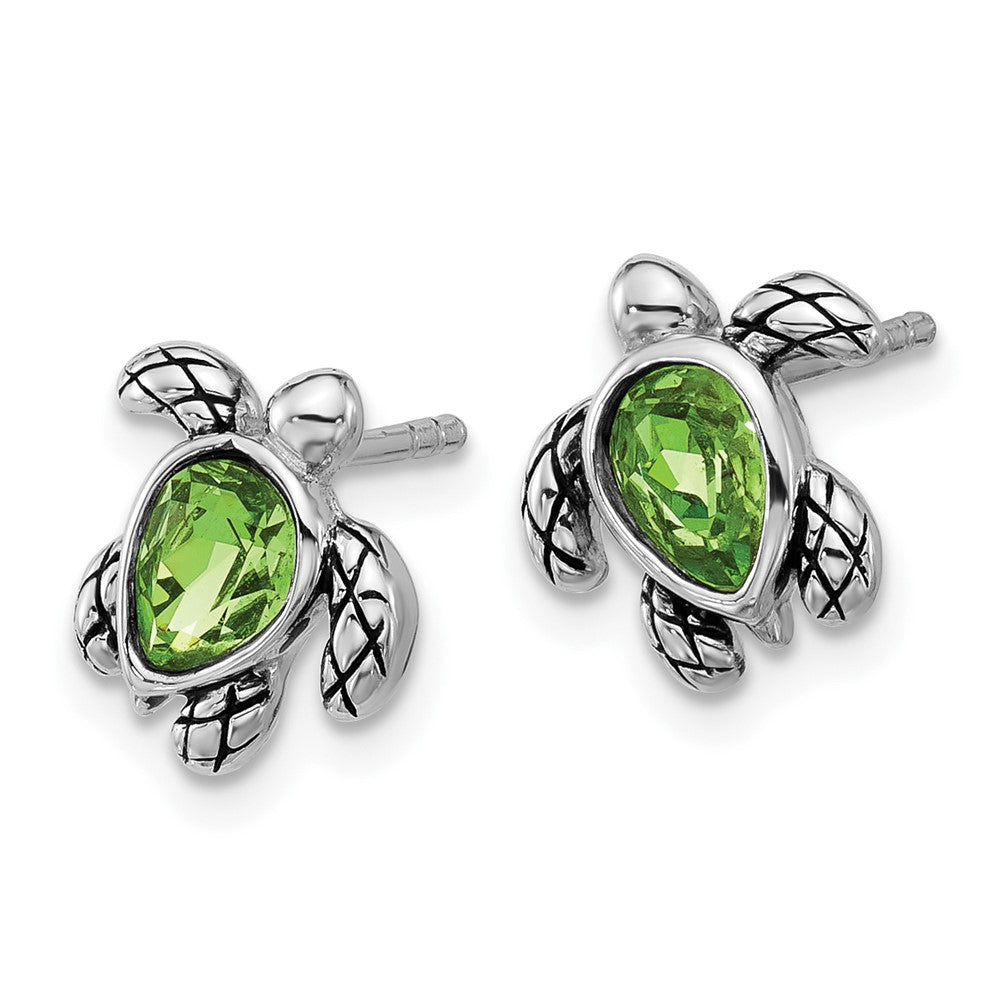 QE17796AUG Sterling Silver Rhodium-plated Polished and Antiqued Green Crystal August Birthstone Turtle Earrings