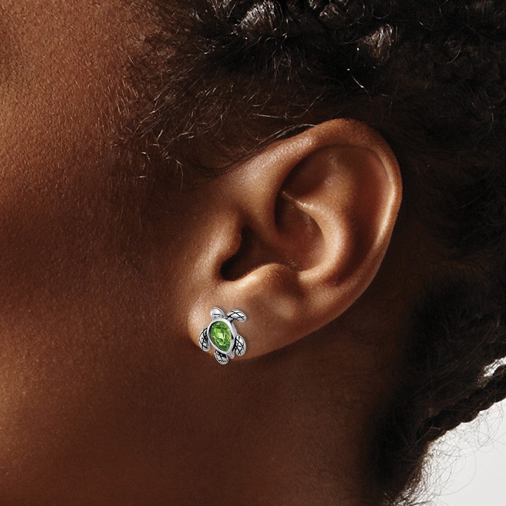 QE17796AUG Sterling Silver Rhodium-plated Polished and Antiqued Green Crystal August Birthstone Turtle Earrings