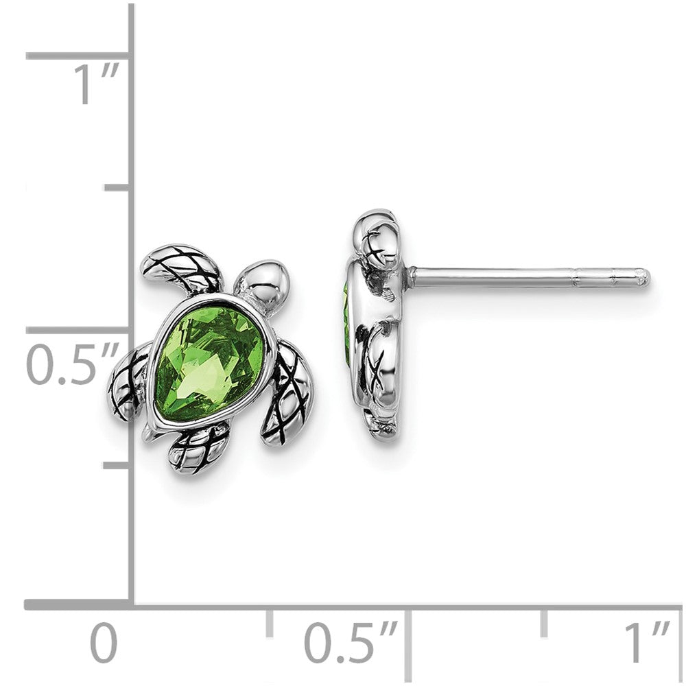 QE17796AUG Sterling Silver Rhodium-plated Polished and Antiqued Green Crystal August Birthstone Turtle Earrings