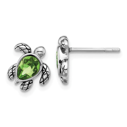 QE17796AUG Sterling Silver Rhodium-plated Polished and Antiqued Green Crystal August Birthstone Turtle Earrings