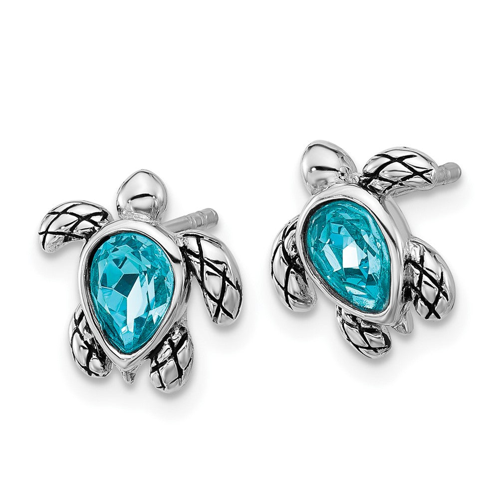 QE17796DEC Sterling Silver Rhodium-plated Polished and Antiqued Blue Crystal December Birthstone Turtle Earrings