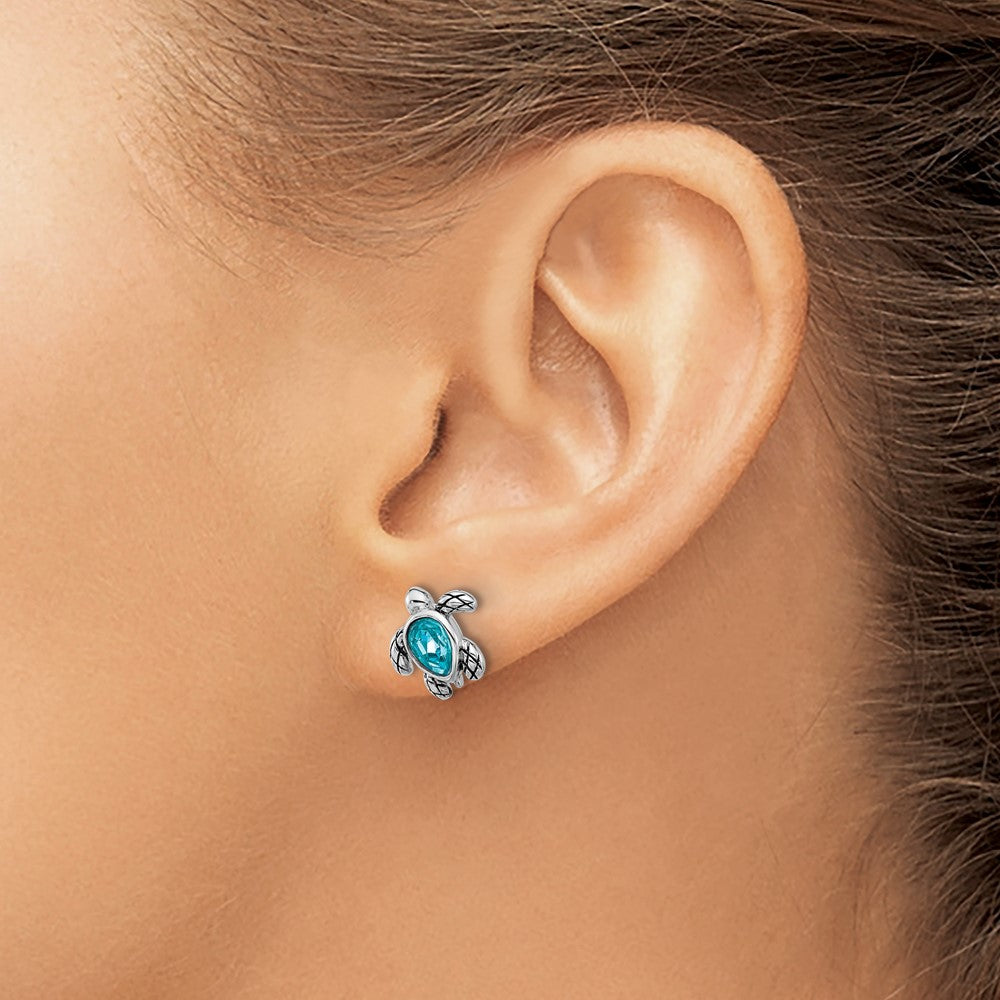 QE17796DEC Sterling Silver Rhodium-plated Polished and Antiqued Blue Crystal December Birthstone Turtle Earrings