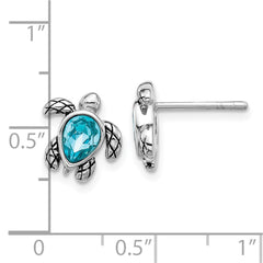 QE17796DEC Sterling Silver Rhodium-plated Polished and Antiqued Blue Crystal December Birthstone Turtle Earrings
