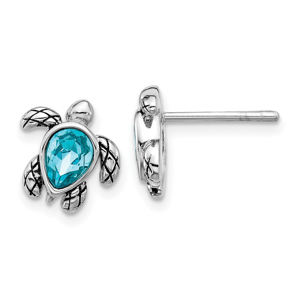 QE17796DEC Sterling Silver Rhodium-plated Polished and Antiqued Blue Crystal December Birthstone Turtle Earrings
