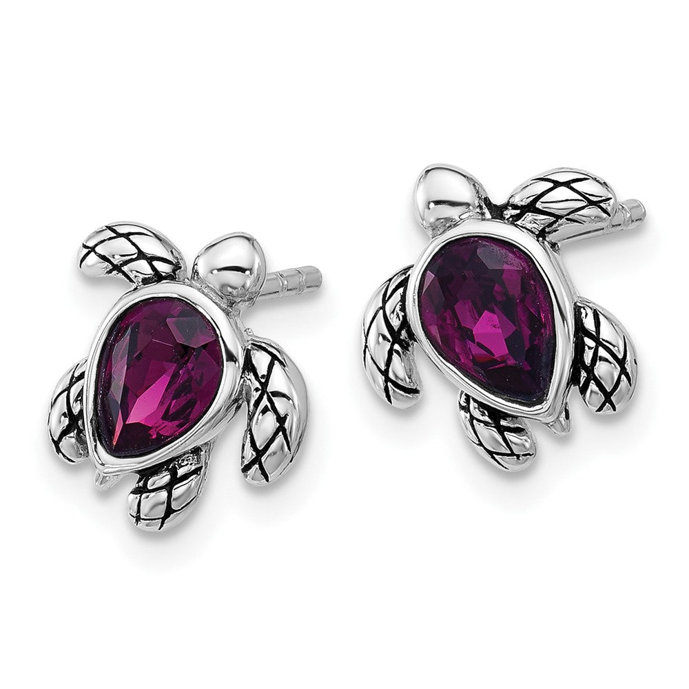 QE17796FEB Sterling Silver Rhodium-plated Polished and Antiqued Purple Crystal February Birthstone Turtle Earrings
