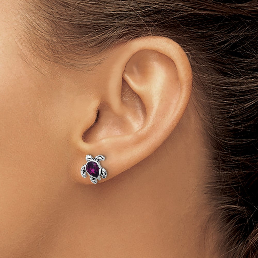 QE17796FEB Sterling Silver Rhodium-plated Polished and Antiqued Purple Crystal February Birthstone Turtle Earrings