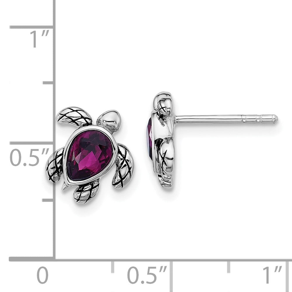 QE17796FEB Sterling Silver Rhodium-plated Polished and Antiqued Purple Crystal February Birthstone Turtle Earrings