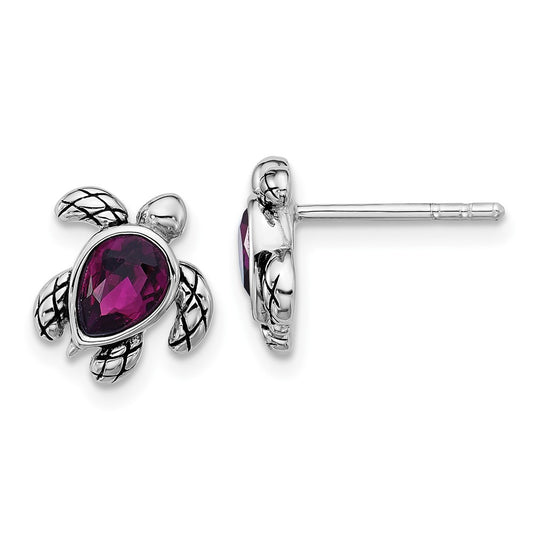QE17796FEB Sterling Silver Rhodium-plated Polished and Antiqued Purple Crystal February Birthstone Turtle Earrings