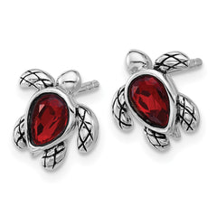 QE17796JAN Sterling Silver Rhodium-plated Polished and Antiqued Red Crystal January Birthstone Turtle Earrings