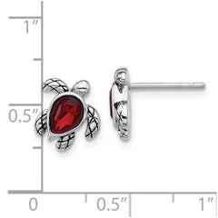 QE17796JAN Sterling Silver Rhodium-plated Polished and Antiqued Red Crystal January Birthstone Turtle Earrings