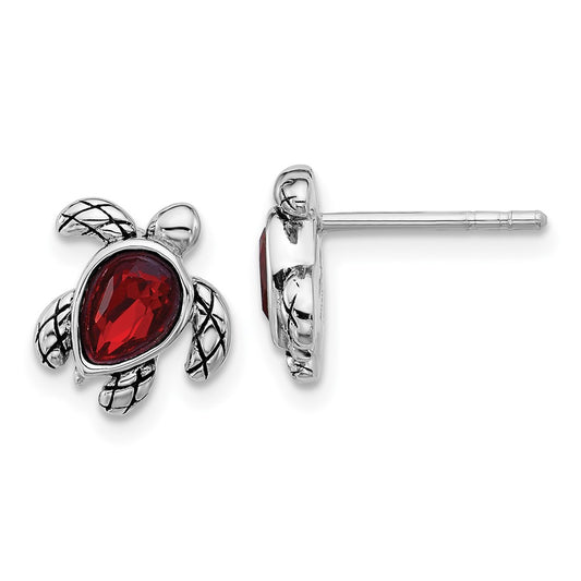 QE17796JAN Sterling Silver Rhodium-plated Polished and Antiqued Red Crystal January Birthstone Turtle Earrings