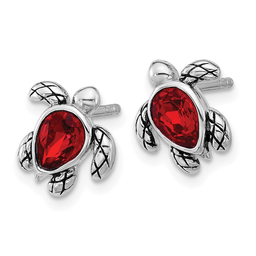 QE17796JUL Sterling Silver Rhodium-plated Polished and Antiqued Red Crystal July Birthstone Turtle Earrings