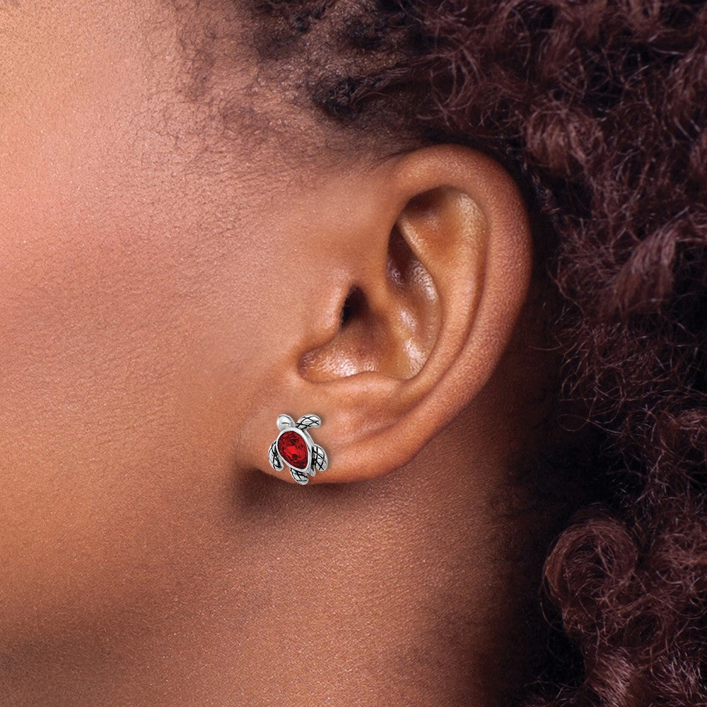 QE17796JUL Sterling Silver Rhodium-plated Polished and Antiqued Red Crystal July Birthstone Turtle Earrings