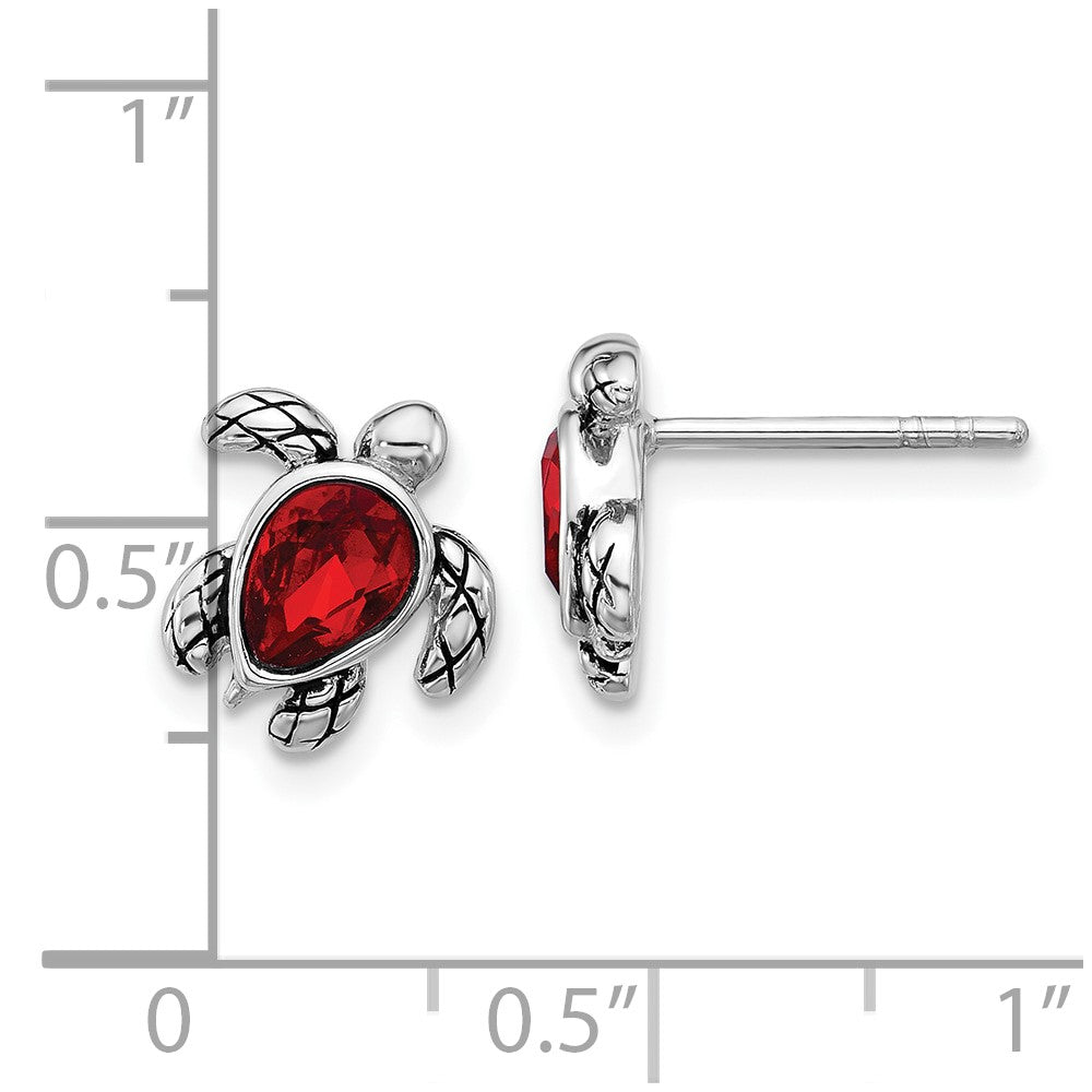 QE17796JUL Sterling Silver Rhodium-plated Polished and Antiqued Red Crystal July Birthstone Turtle Earrings