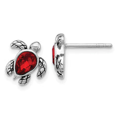 QE17796JUL Sterling Silver Rhodium-plated Polished and Antiqued Red Crystal July Birthstone Turtle Earrings