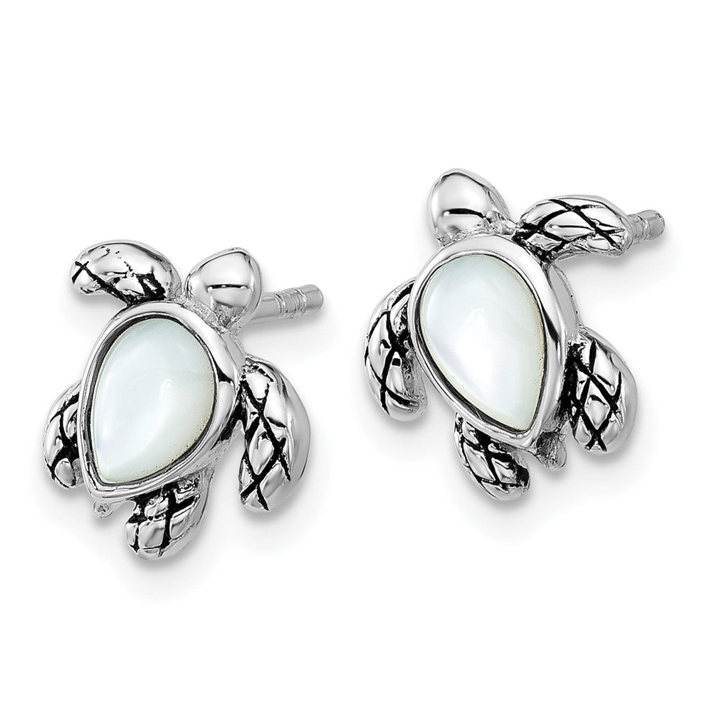 QE17796JUN Sterling Silver Rhodium-plated Polished and Antiqued Mother of Pearl June Birthstone Turtle Earrings