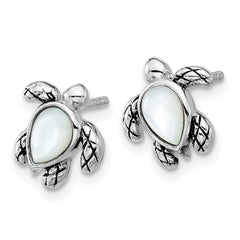 QE17796JUN Sterling Silver Rhodium-plated Polished and Antiqued Mother of Pearl June Birthstone Turtle Earrings