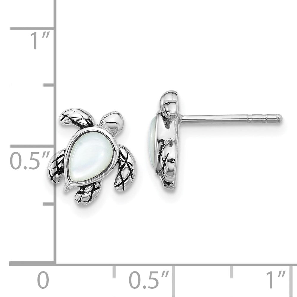 QE17796JUN Sterling Silver Rhodium-plated Polished and Antiqued Mother of Pearl June Birthstone Turtle Earrings