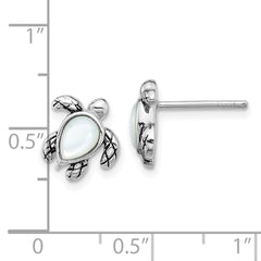 QE17796JUN Sterling Silver Rhodium-plated Polished and Antiqued Mother of Pearl June Birthstone Turtle Earrings