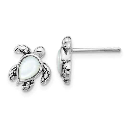 QE17796JUN Sterling Silver Rhodium-plated Polished and Antiqued Mother of Pearl June Birthstone Turtle Earrings
