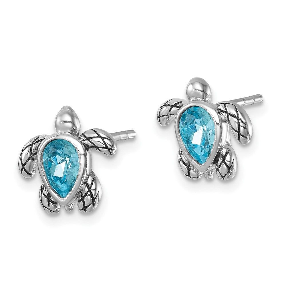 QE17796MAR Sterling Silver Rhodium-plated Polished and Antiqued Blue Crystal March Turtle Post Earrings