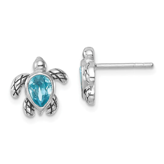 QE17796MAR Sterling Silver Rhodium-plated Polished and Antiqued Blue Crystal March Turtle Post Earrings