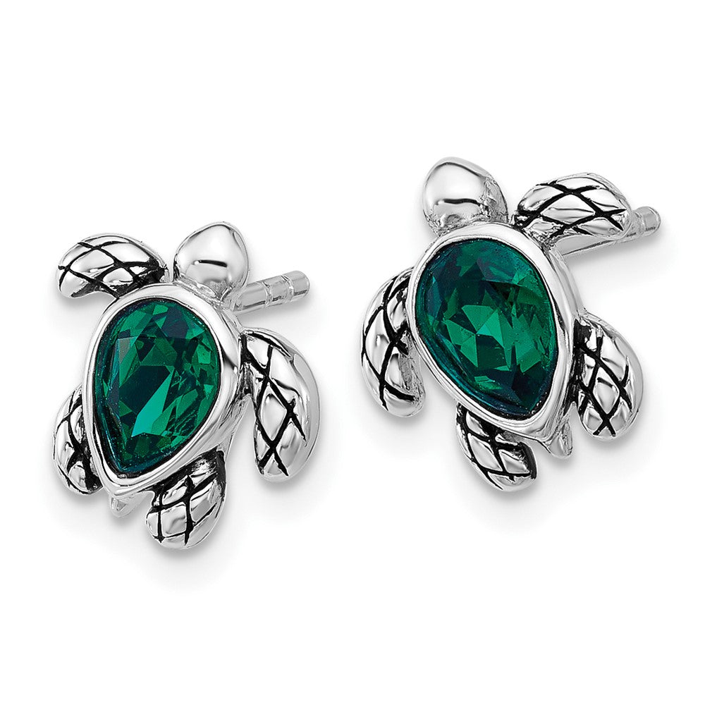 QE17796MAY Sterling Silver Rhodium-plated Polished and Antiqued Green Crystal May Birthstone Turtle Earrings
