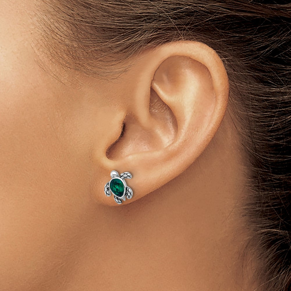 QE17796MAY Sterling Silver Rhodium-plated Polished and Antiqued Green Crystal May Birthstone Turtle Earrings