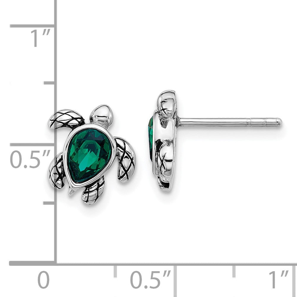 QE17796MAY Sterling Silver Rhodium-plated Polished and Antiqued Green Crystal May Birthstone Turtle Earrings
