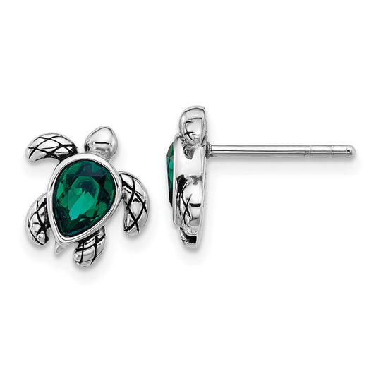 QE17796MAY Sterling Silver Rhodium-plated Polished and Antiqued Green Crystal May Birthstone Turtle Earrings