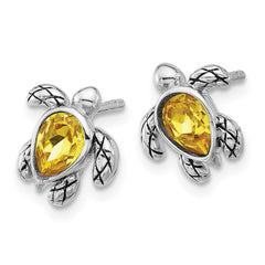 QE17796NOV Sterling Silver Rhodium-plated Polished and Antiqued Yellow Crystal November Birthstone Turtle Earrings