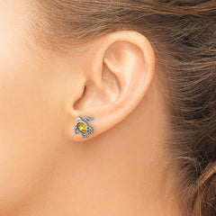 QE17796NOV Sterling Silver Rhodium-plated Polished and Antiqued Yellow Crystal November Birthstone Turtle Earrings