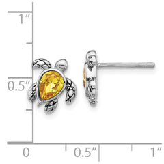 QE17796NOV Sterling Silver Rhodium-plated Polished and Antiqued Yellow Crystal November Birthstone Turtle Earrings