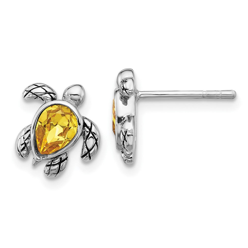 QE17796NOV Sterling Silver Rhodium-plated Polished and Antiqued Yellow Crystal November Birthstone Turtle Earrings