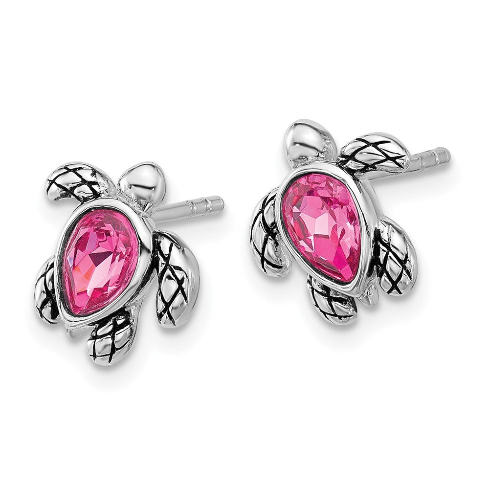 QE17796OCT Sterling Silver Rhodium-plated Polished and Antiqued Pink Crystal October Birthstone Turtle Earrings