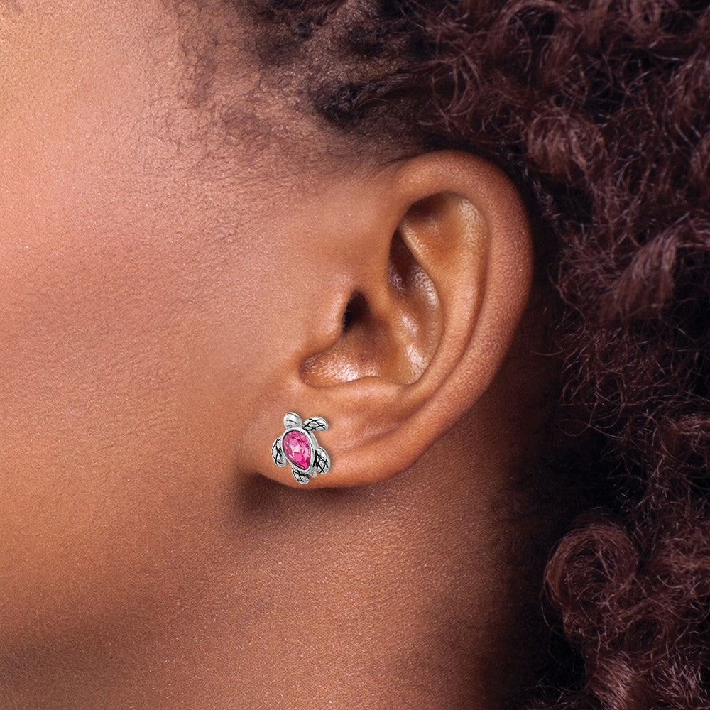 QE17796OCT Sterling Silver Rhodium-plated Polished and Antiqued Pink Crystal October Birthstone Turtle Earrings