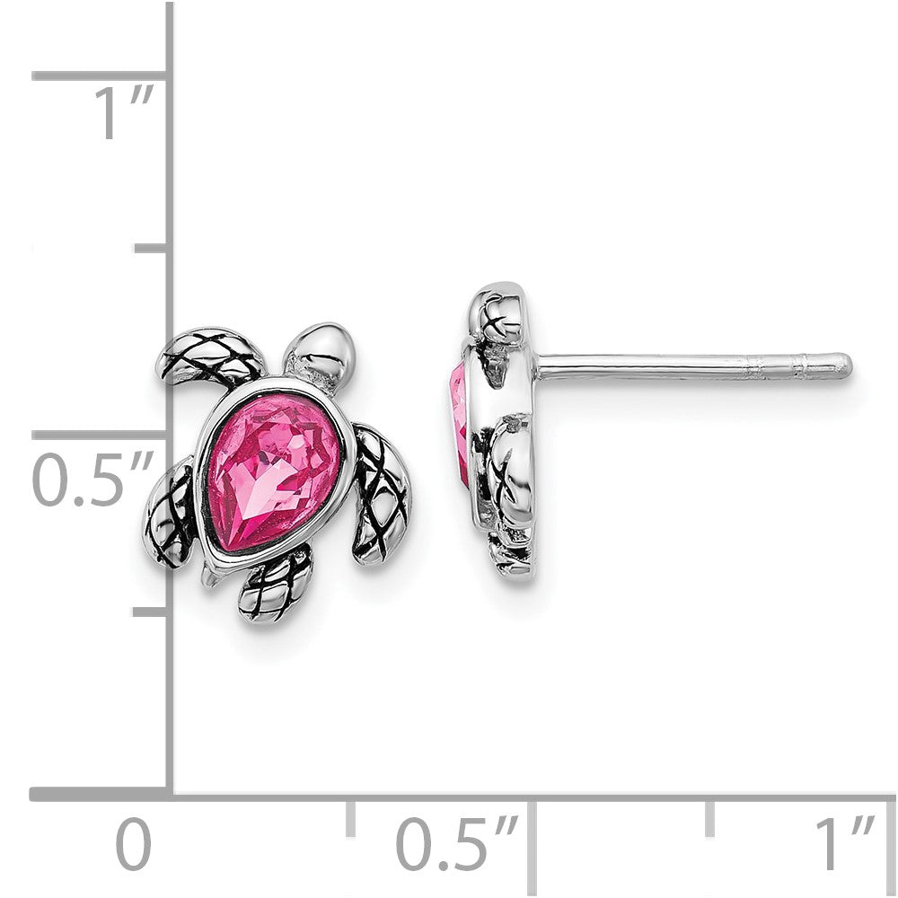 QE17796OCT Sterling Silver Rhodium-plated Polished and Antiqued Pink Crystal October Birthstone Turtle Earrings