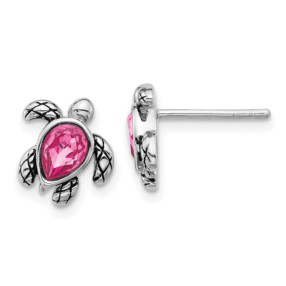 QE17796OCT Sterling Silver Rhodium-plated Polished and Antiqued Pink Crystal October Birthstone Turtle Earrings
